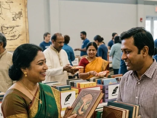 Anandodhara volunteers at a community book event, one person handing a decorated book to another across a table of books.