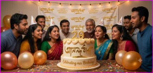 Anandodhara members around a 29th-birthday cake with balloons and a Happy Birthday banner