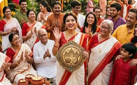 Anandodhara community celebrating in traditional dress