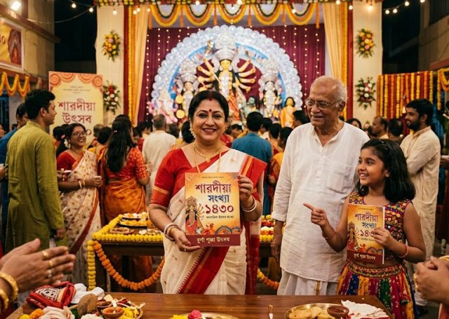 Community members with the Sharadiya magazine at Durga Puja